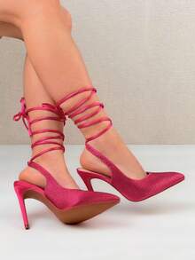 Sandales à talons hauts sexy à bouts pointus avec lacets et brillants, pour femmes - FUSHIA - Voir 5