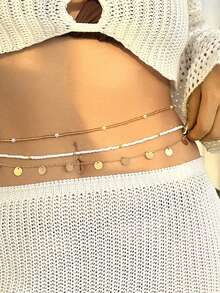 3 件金属圆盘和珍珠串珠简约链条身体项链，适合派对、礼物和日常佩戴