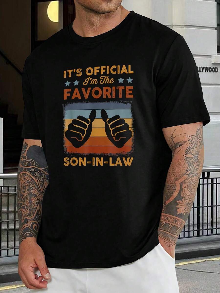 Camiseta de moda favorita del yerno - Regalo divertido para el mejor yerno, cumpleaños, boda, vacaciones para hombres, camiseta gráfica personalizada, cómoda mezcla de algodón - Negro - Ver 1