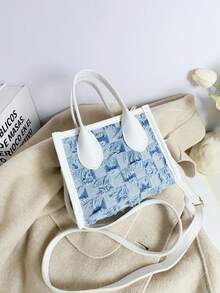 夏季清新简约时尚女士手提包，时尚百搭休闲甜美可爱迷你包，拼布浅色牛仔面料撞色小方包，欧美简约风格托特包，多用途单肩包，棋盘蓝色斜挎包，适合通勤、度假、学生、办公室女士、妈妈、女友礼物