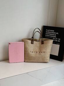 Chic Preppy-Style Large Capacity Tote Bag - Lightweight PVC & Kraft Paper With Magic Tape Closure For Women's Fashion