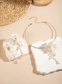 1pc Choker + 1 Pair Earrings Bohemian Ocean Style Shell Flower 3D Floral Choker + Earrings Jewelry Set, Suitable For Beach, Party, Gathering