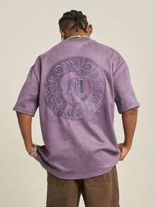 MT99 Casual American Style Suede Patch Embroidered Loose Fit Short Sleeve T-Shirt, Purple Unisex Top - Purple - View 2