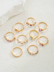 9pcs/Set Minimalist Korean Style Floral, Heart & Rhinestone Decorated Finger Rings Set, Gift For Women, Suitable For Dating, Vacation & Daily Wear - Multicolor - View 4