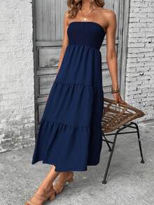 春夏休闲百搭时尚可爱性感复古派对梭织面料连衣裙，适合度假、日常、生日派对、单身派对、旅行、机场穿搭，露背、无肩带，优雅迷人。 - 藏蓝色 - 查看 7