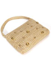Elegant Spring/Summer Simple Plain Straw Studded Magnetic Triangle Handle Clutch Bag, For Party, Wedding, Prom, Gathering, Beach - Beige - View 6