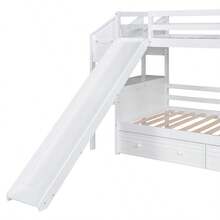Twin Over Twin Bunk Bed With Storage Staircase, Slide And Drawers, Desk With Drawers And Shelves, White-1810 - Multicolor - View 9