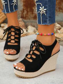 Elegant Solid Color Fashionable Lace-Up Wedge Thick Bottom High Heel Hollow Out Sandals, Suitable For Summer, Weddings And Parties