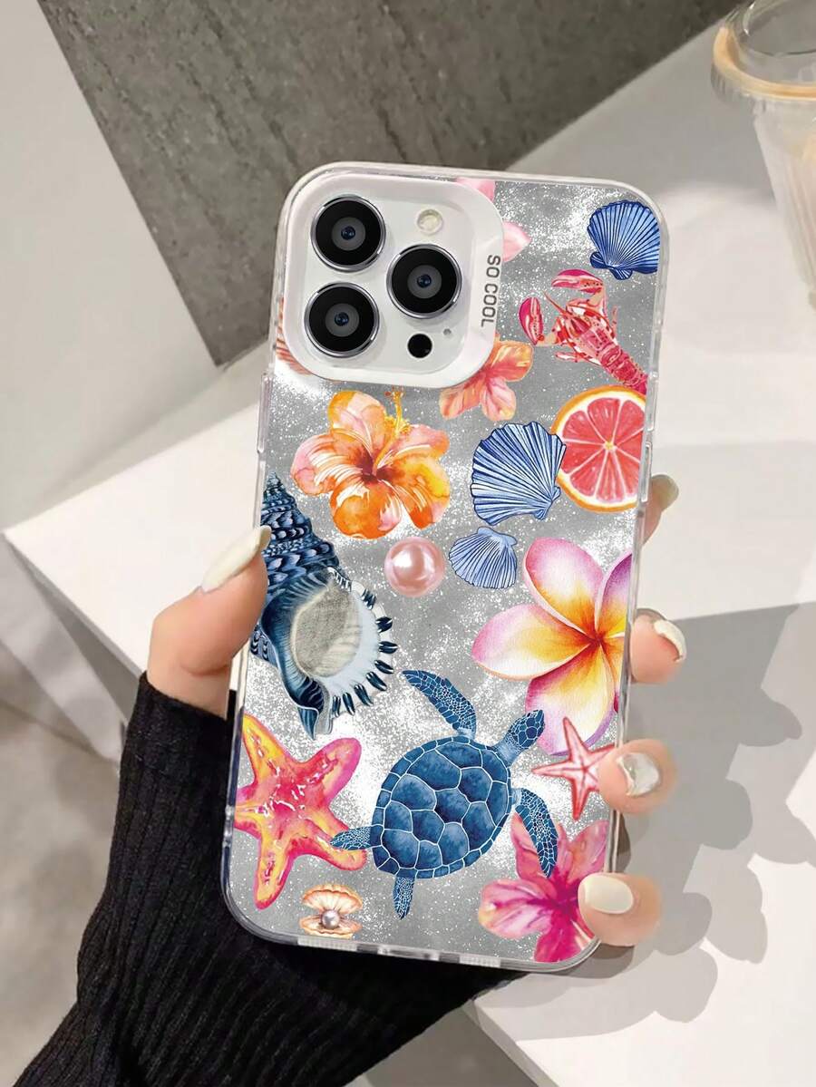1pc White Ocean Feather Pattern IMD PC Hard Phone Case, Soft Edges, Colorful Silver Design Compatible With Samsung A54/S24/S24plus/S24ultra/S24fe, 16 ProMax/16Pro/16Plus/16 - White - View 1