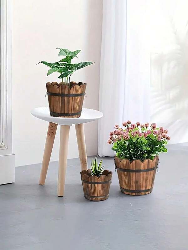 1/3 Peças Conjunto de Vasos de Madeira Maciça Rústica e Retrô, Decoração de Jardim Interno e Externo, Balde, Pequeno Vaso para Suculentas e Flores, Adequado para Jardim, Varanda, Casa, Pátio, Plantação de Plantas em Quintal, Vaso Decorativo de Flores