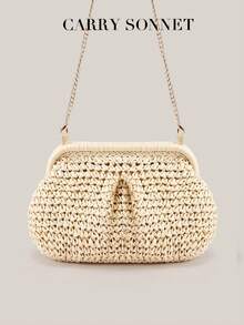 女士草编斜挎包，配流苏链条和肩带。手工编织沙滩手提包/钱包。度假必备，女士手提包 - 米色 - 查看 3