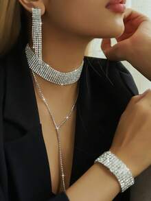 1 Set Elegant Jewelry Set: 1 Pair Earrings + 1 Necklace + 1 Bracelet, Black Gold Silver Plated With Rhinestones, Multiple Colors Available, Suitable For Daily Wear - Geometry - View 10