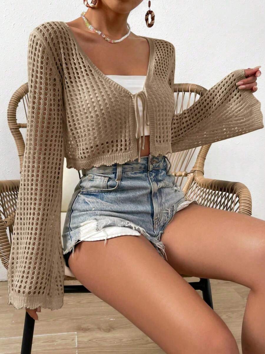 Cardigan corto de punto calado de unicolor talla grande - Caqui - Ver 1