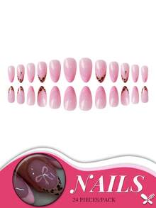 24 件中号杏仁粉色法式豹纹蝴蝶结按压指甲，Y2K 可爱假指甲，可重复使用的女孩粘贴式指甲贴，甜美别致的艺术设计，包括指甲锉和果冻胶指甲用品 - 粉色 - 查看 4