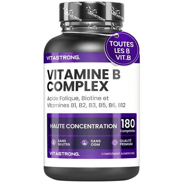 Vitastrong Complexe de vitamines B à haute concentration – 180 comprimés contenant de la biotine, de la thiamine (B1), de la riboflavine (B2), de la niacine (B3), des vitamines B5, B6 et B12, ainsi que de l'acide folique.