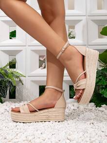 Women's Apricot Bow Decor Braided Rope Sandal, Resort Style Platform Thick Sole High Heel Espadrille Sandal, Ankle Strap Canvas Bottom Wedge, Spring Summer Shoes, Spring Vacation, Easter - Apricot - View 4