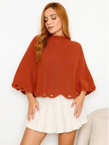 Knitted Poncho With Wave Detail - 紅陶 - 查看 1