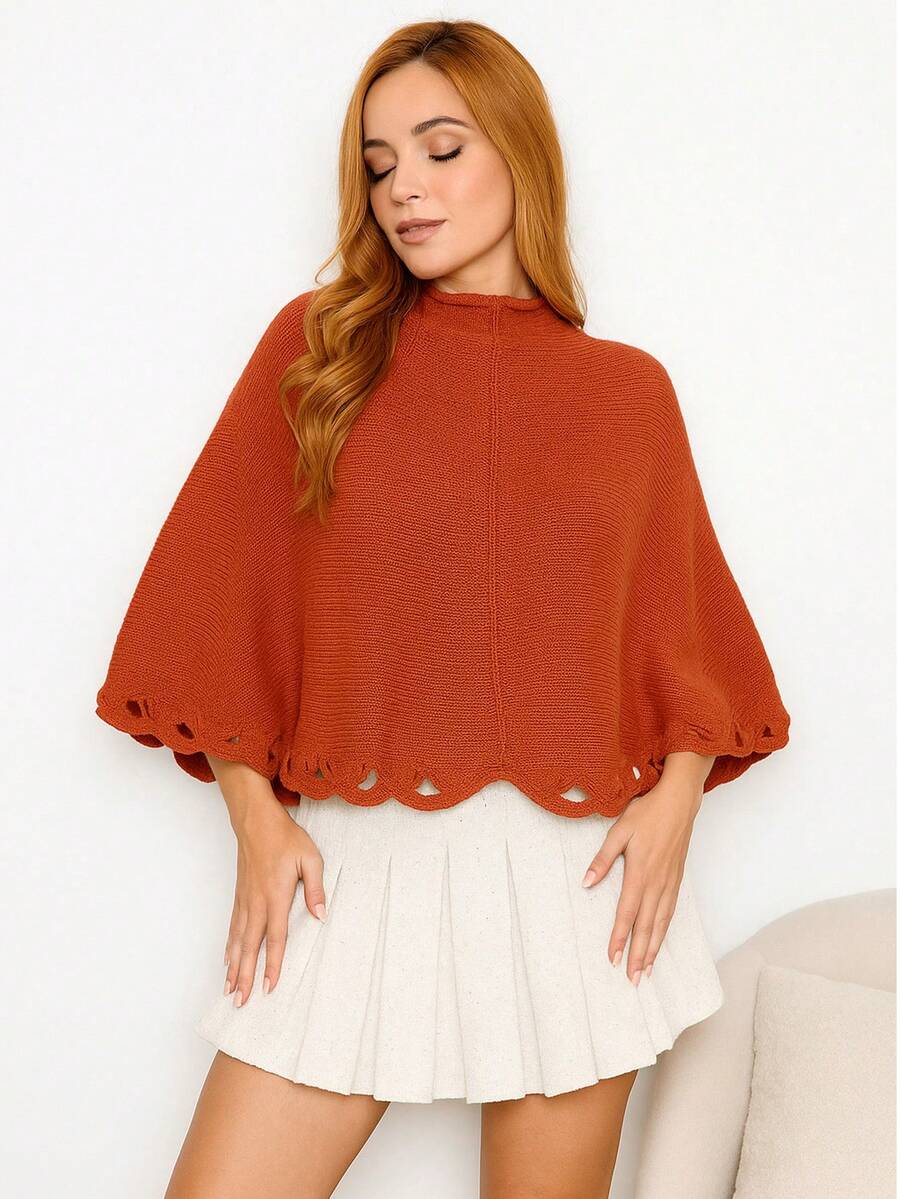 Knitted Poncho With Wave Detail - 紅陶 - 查看 1