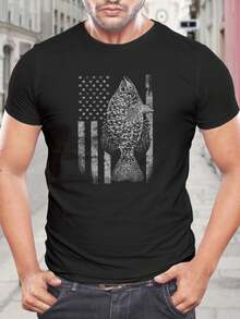 Camiseta de pesca de bajo con bandera estadounidense patriótica para hombre - Camiseta gráfica de peces de EE. UU. para entusiastas de la pesca al aire libre - Regalo perfecto para el Día del Padre, cumpleaños - Camiseta informal de manga corta negra - Negro - Ver 1