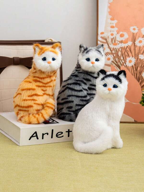 1pc Lifelike Fat Cat Plush Statue - 8 Inches Realistic Sitting Kitten With Eye Contact Pose, Handmade Faux Fur Craft, For Sofa Decoration And Cat Lover Birthday Gift