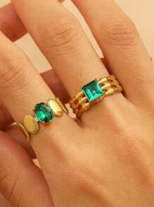 Elegant Vintage-Style 18K Gold-Plated Stainless Steel Inlaid Emerald Green Glass Heart Geometric Ring, Fashion Jewelry Versatile For Daily And Party Wear