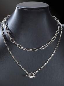 1件街头风粗银链双层颈链，女士派对及日常配饰 - 銀色 - 查看 4