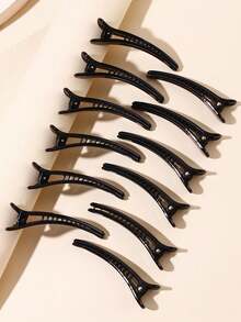 24/12个经典亮黑色塑料时尚发夹，鳄鱼夹，女士发饰，无需卷发棒，美发造型工具，沙龙、美容、旅行必备 - 黑色 - 查看 3