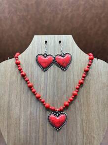 Boho Style Heart Beaded Necklace And Matching Heart Shaped Earrings, Vintage Fashion Jewelry Set For Women, Girls, Daily Outfit, Party Accessories, Jewelry, Gift For Family/Friends/Yourself