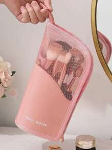 1pc Pink Makeup Brush Case With Zipper,Transparent Pvc Waterproof Travel Makeup Brush Holder ,Portable Makeup Brush Bag, Professional Cosmetic Bag ,Artist Storage Bag, Essentials Stand-Up Foldable Makeup Cup For Home,Gift,Vacation ,Travel