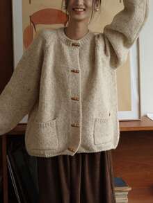 Alicedudu Áo khoác cardigan cổ tròn thiết kế nút sừng phong cách nghệ thuật cổ điển dành cho nữ, mùa thu/đông - Màu be - Xem 6