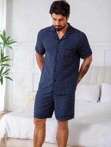 2Psc Man's Knitwear Pajamas,  Short-Sleeved Top And Shorts |  Christmas Pajamas Men - Màu xanh hải quân - Xem 8