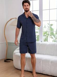 2Psc Man's Knitwear Pajamas,  Short-Sleeved Top And Shorts |  Christmas Pajamas Men - Màu xanh hải quân - Xem 2