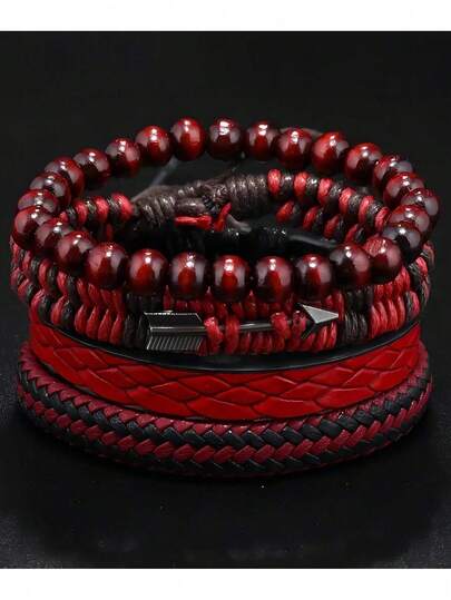 4pcs Cupid's Arrow Heart-Shaped Red PU Leather Bracelet For Men, Can Be Worn Casually