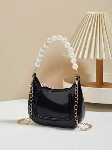Mini Underarm Bag For Toddler Girls, Pearl Decor Zipper Closure Handbag, Lovely Gift Bag For Girls