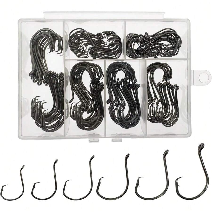New Fishing Hooks Saltwater Circle Hooks For Catfish And Octopus, 150pcs Fish Hooks For Fishing Tackle And Gear, 6 Siz Saltwater Fishing Lur, Black High Carbon Steel  Portable Plastic Box - 1 0 2 0 3 0 4 0 5 0 6 0 1 0 2 0 3 0 4 0 5 0 6 0 - View 1