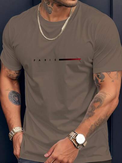 男士户外运动活力单线巴黎图案 T 恤，徒步、钓鱼、休闲百搭短袖 T 恤，春夏
