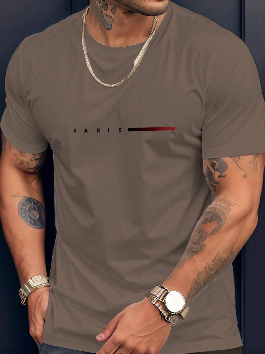 男士户外运动活力单线巴黎图案 T 恤，徒步、钓鱼、休闲百搭短袖 T 恤，春夏 - 咖啡棕 - 查看 1