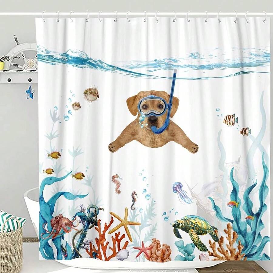 New Fowocu Funny Dog Shower Curtain Set Teal Blue Sea Ocean Waterproof Fabric Animal Octopus Starfish Turtle Anchor Fish Nautical Bathroom Curtain Dr (Orange, 72''*72'') - Orange 72"W x 72"L (Pack of 1) - View 1