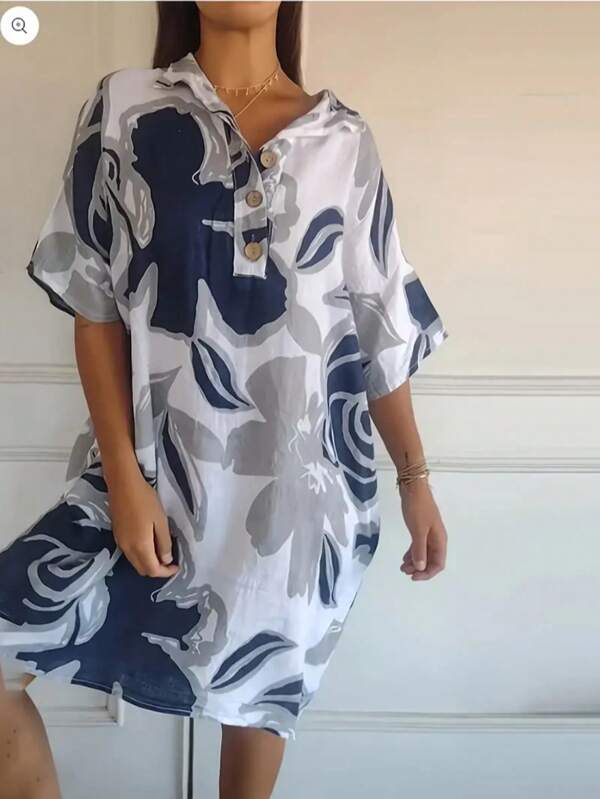 Plus Size Women Floral Print Button Pocket Drawstring Vacation Midi Dress