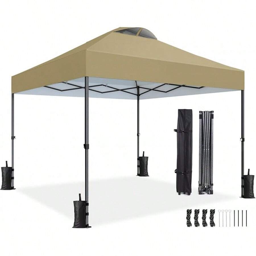 Amada 10x10ft 1-Person Setup Pop Up Canopy Tent - Easy Outdoor Sun Shade For Events, Parties, Camping, Gazebo With Wheel Cover Bag, Beach Tent With 3-Speed Adjustable Height,Blue - 卡其色 - 查看 1