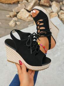 Elegant Solid Color Fashionable Lace-Up Wedge Thick Bottom High Heel Hollow Out Sandals, Suitable For Summer, Weddings And Parties