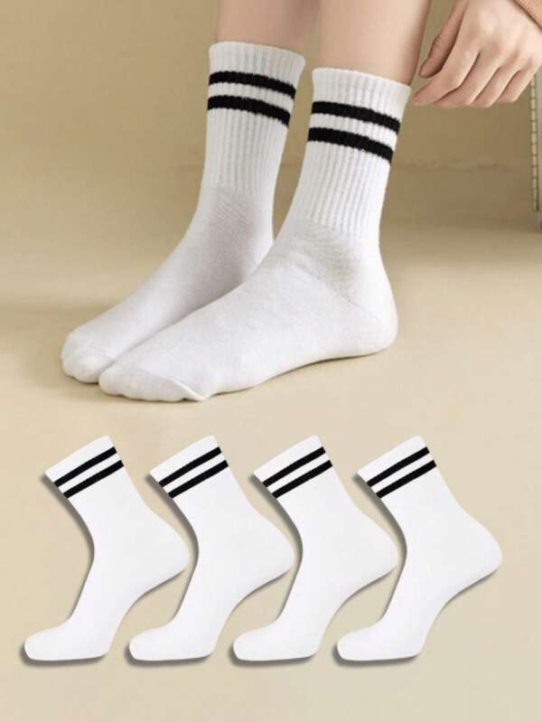 1/4/10 Pairs Women White Striped Pattern Casual Sports Breathable Mid-Calf Socks, Suitable For Pairing With Canvas Shoes, Sneakers