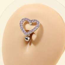 1pc Stainless Steel Hollow Heart Shaped Crystal Navel Ring - Silver - View 5