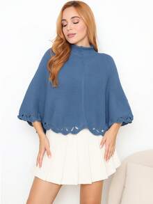 Knitted Poncho With Wave Detail - 牛仔褲藍色 - 查看 1