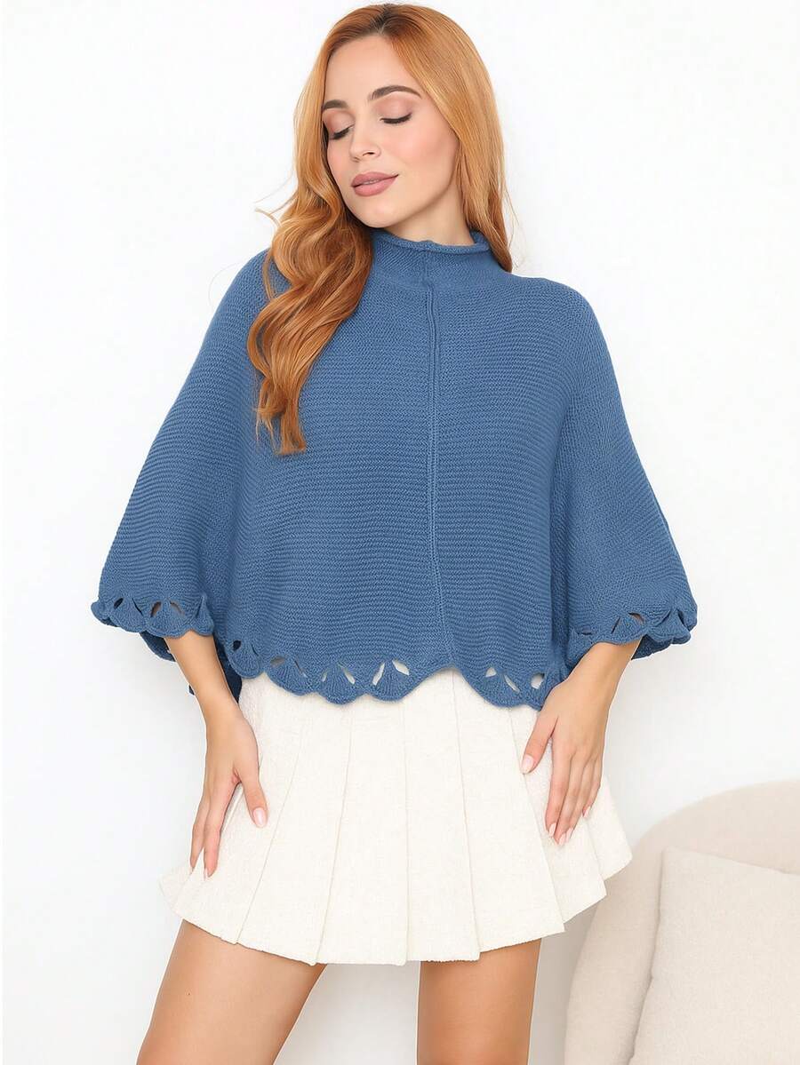 Knitted Poncho With Wave Detail - 牛仔褲藍色 - 查看 1