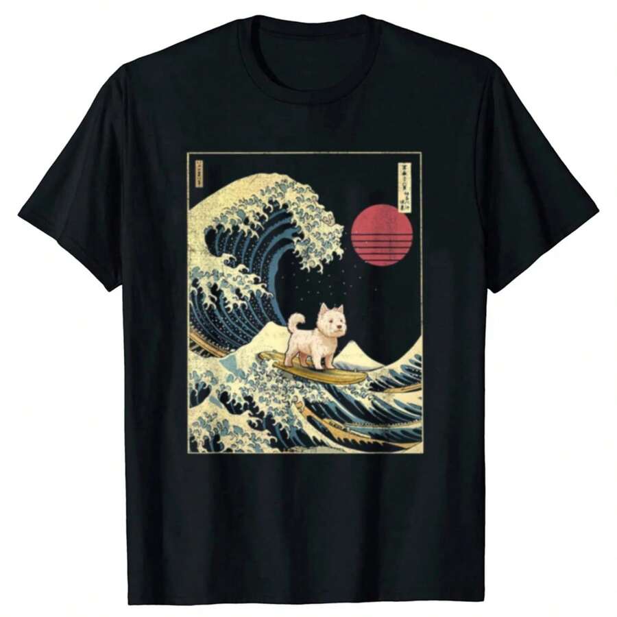 West Highland White Terrier Westie Japanese Wave T-Shirts Men Fashion Casual Tshirt Loose Oversized Streetwear T Shirt - Black - View 1