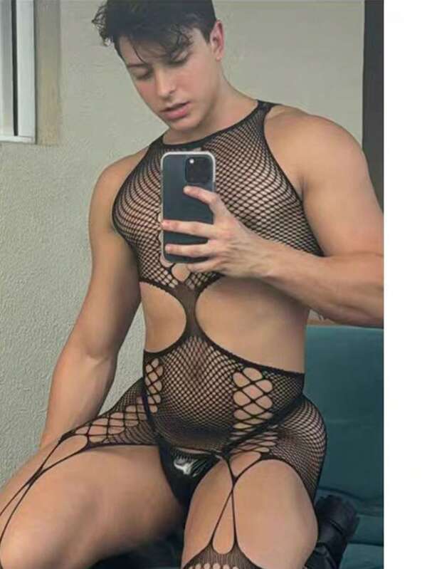 1pc Men's Sexy Mesh Bodysuit + 1 Pair Sexy Arm Sleeves, Hollow Out Tempting Open Crotch Stockings, Suitable For Gender-Neutral People Under 170 Lbs, Valentine's Day Party Gift