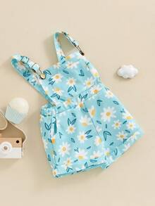 Toddler Baby Girl Sunflower Print Overalls Shorts With Pocket Suspender Trousers Cute Summer Clothing Outfit - Blue - View 2