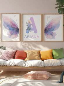 3 件无框个性化紫色蝴蝶名字艺术印刷象形图片热气球印刷海报动物帆布画月亮和星星墙壁艺术婴儿房海报女婴卧室装饰，儿童照片定制壁画，极简风格墙面装饰，个性化定制照片印在画布上，无框油画风格壁画