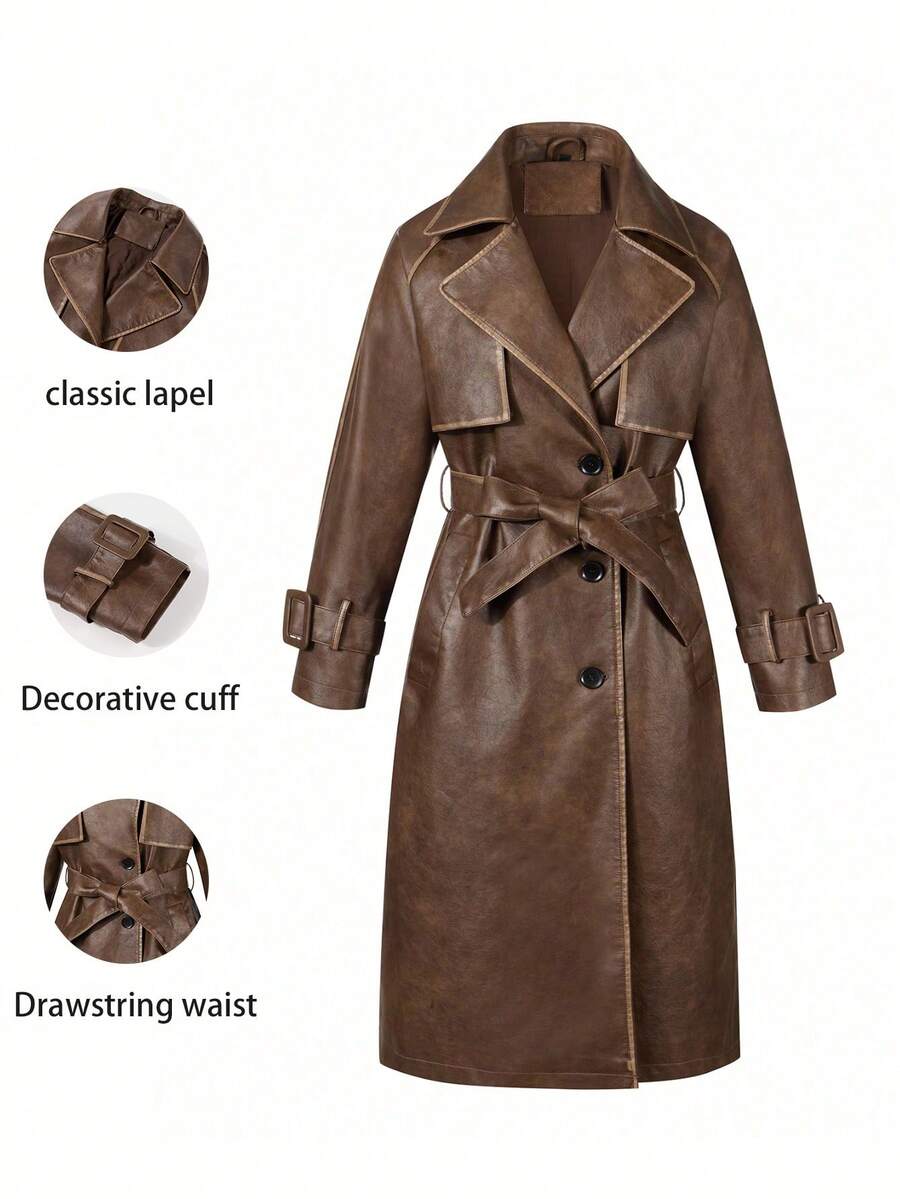 Áo khoác dài nữ Risissida chất liệu PU mùa xuân & thu, áo khoác gió nhẹ thời trang với thắt lưng điều chỉnh được - Áo khoác công sở đa năng - Cà phê nâu - Xem 1